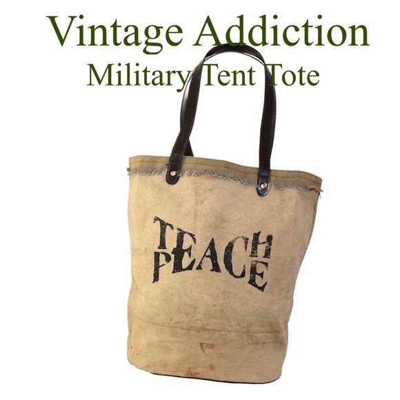 Vintage Addiction Handbags - Teach Peace Recycled Military Tent Tote Bag